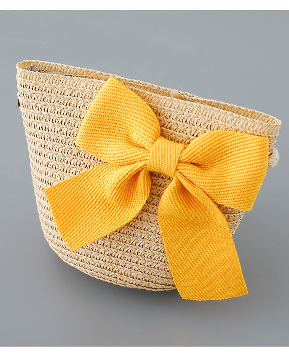 Babyhug Straw Hat with Bow Applique and Purse - Beige
