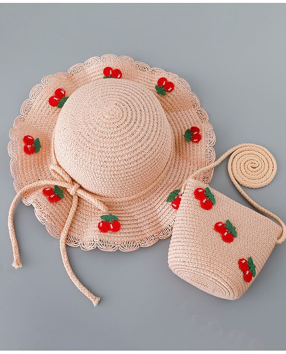 Babyhug Straw Hat with Cherry Embroidery and Purse - Pink