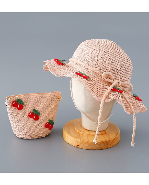 Babyhug Straw Hat with Cherry Embroidery and Purse - Pink