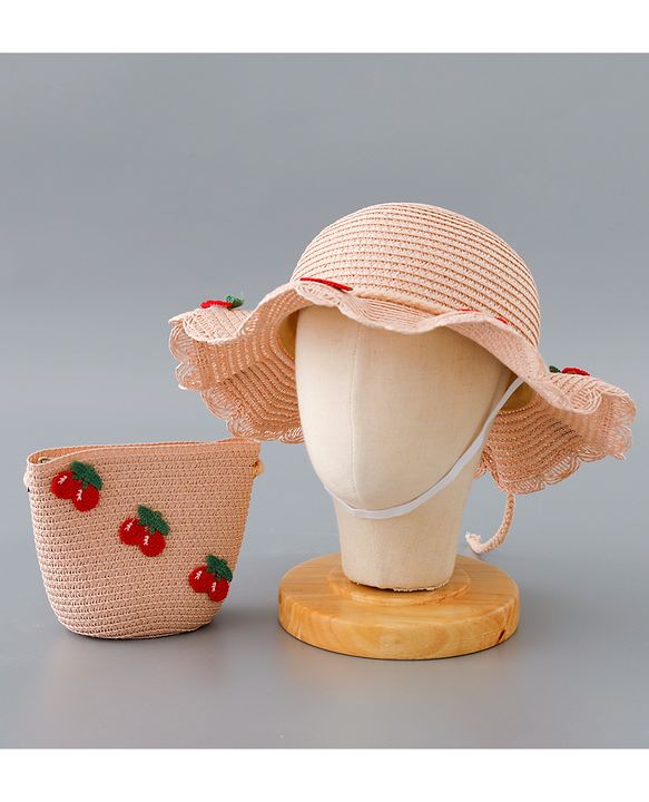 Babyhug Straw Hat with Cherry Embroidery and Purse - Pink