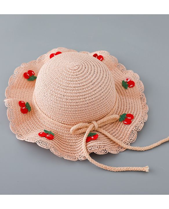 Babyhug Straw Hat with Cherry Embroidery and Purse - Pink