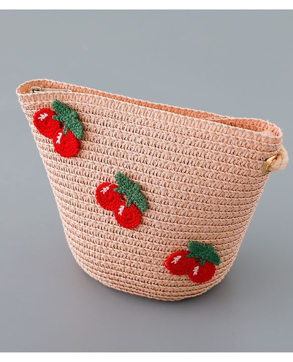 Babyhug Straw Hat with Cherry Embroidery and Purse - Pink