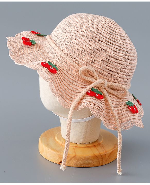 Babyhug Straw Hat with Cherry Embroidery and Purse - Pink