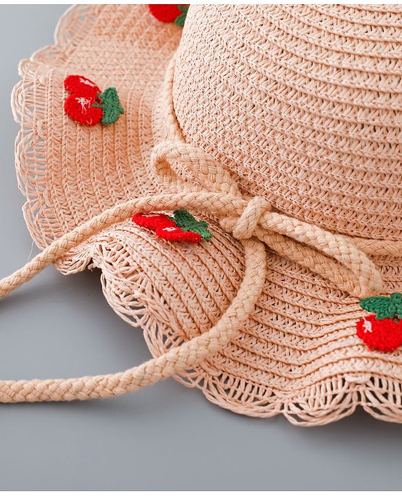 Babyhug Straw Hat with Cherry Embroidery and Purse - Pink