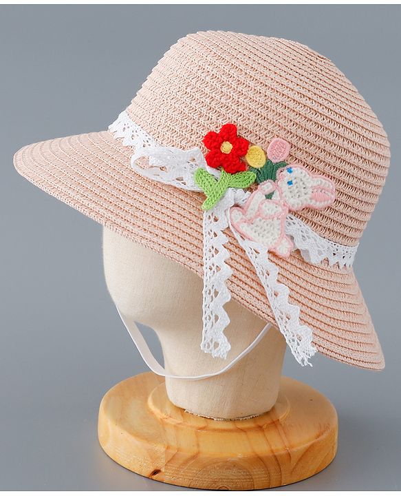 Babyhug Straw Hat with Flower and Bunny Applique - Pink