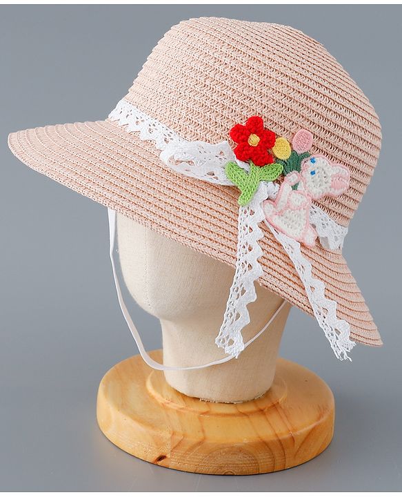 Babyhug Straw Hat with Flower and Bunny Applique - Pink