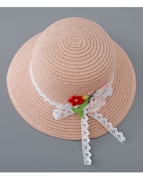 Babyhug Straw Hat with Flower and Bunny Applique - Pink