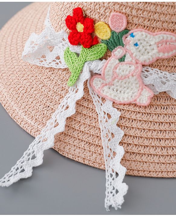 Babyhug Straw Hat with Flower and Bunny Applique - Pink