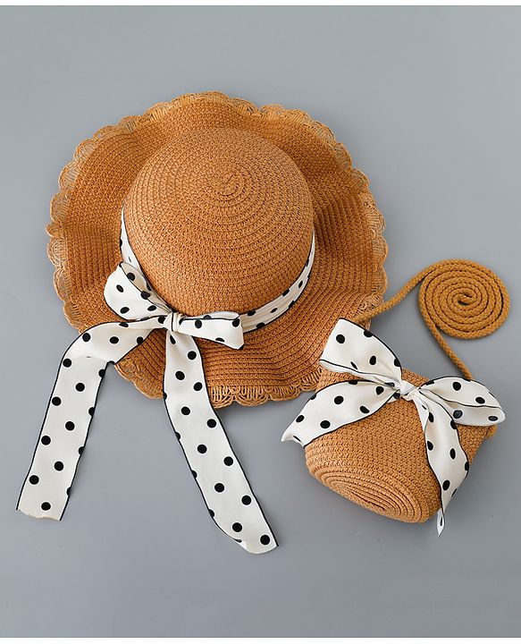 Babyhug Straw Hat with Bow Applique and Purse - Brown