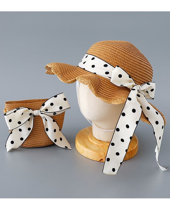 Babyhug Straw Hat with Bow Applique and Purse - Brown