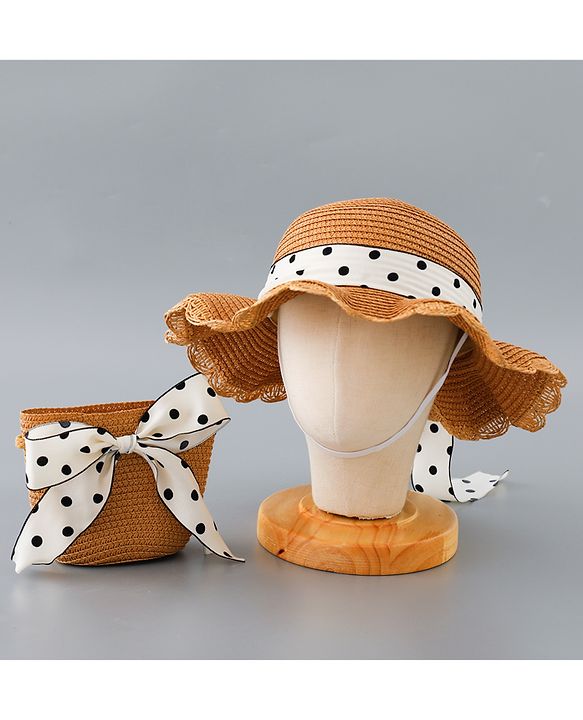 Babyhug Straw Hat with Bow Applique and Purse - Brown