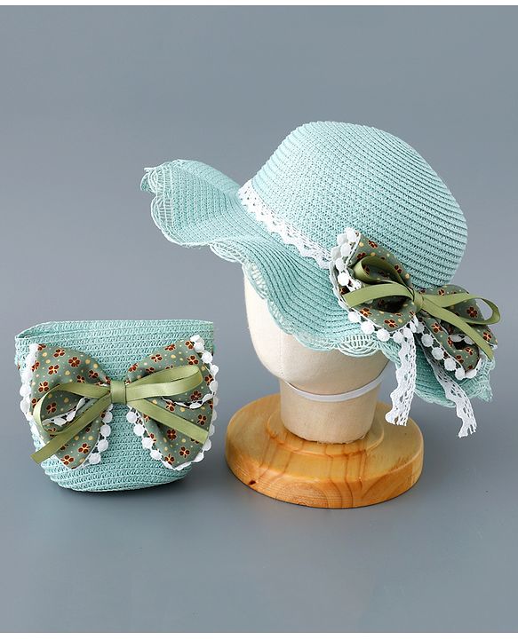 Babyhug Straw Hat with Bow Applique and Purse - Green