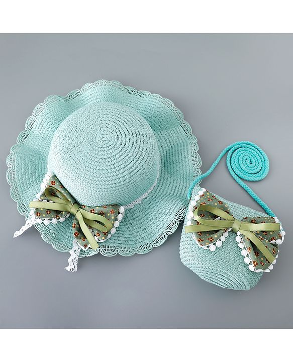 Babyhug Straw Hat with Bow Applique and Purse - Green