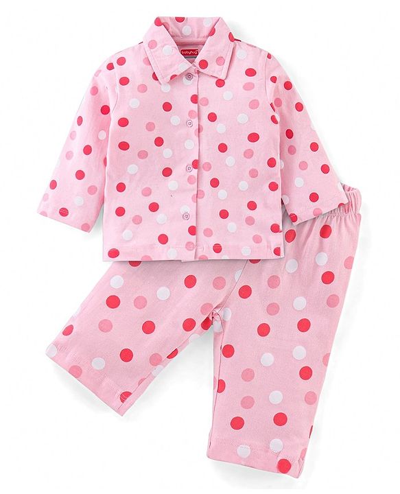 Babyhug Cotton Knit Full Sleeves Night Suit With Dots Print - Pink