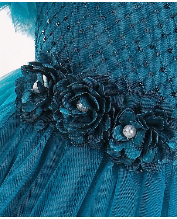 Babyhug Half Sleeves Shimmery Party Frock with Floral Applique & Sequin Detailing - Teal Blue