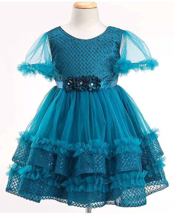 Babyhug Half Sleeves Shimmery Party Frock with Floral Applique & Sequin Detailing - Teal Blue