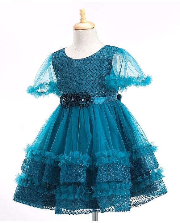 Babyhug Half Sleeves Shimmery Party Frock with Floral Applique & Sequin Detailing - Teal Blue