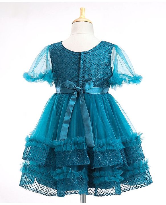 Babyhug Half Sleeves Shimmery Party Frock with Floral Applique & Sequin Detailing - Teal Blue