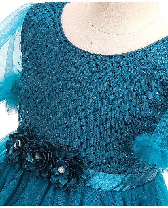 Babyhug Half Sleeves Shimmery Party Frock with Floral Applique & Sequin Detailing - Teal Blue