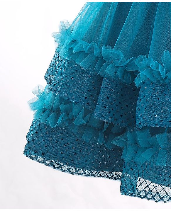 Babyhug Half Sleeves Shimmery Party Frock with Floral Applique & Sequin Detailing - Teal Blue