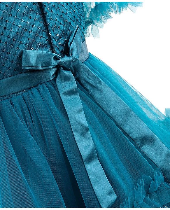 Babyhug Half Sleeves Shimmery Party Frock with Floral Applique & Sequin Detailing - Teal Blue