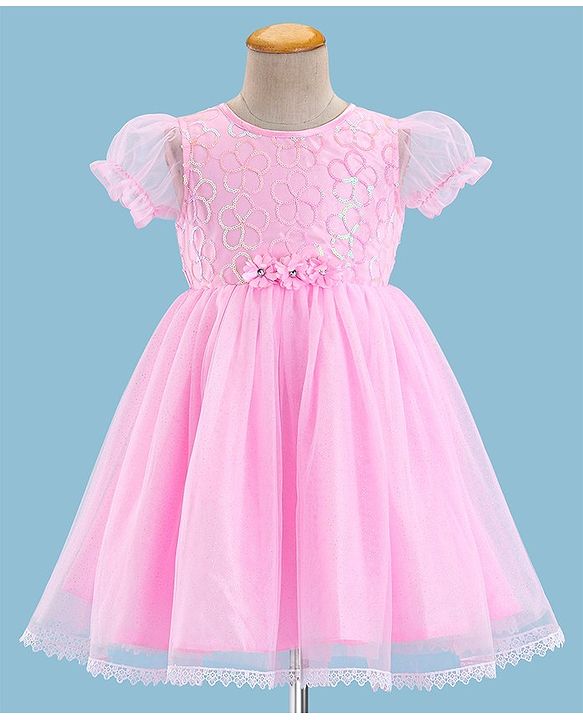 Babyhug Puffed Sleeves Sequinned & Corsage Detailing Party Frock - Pink