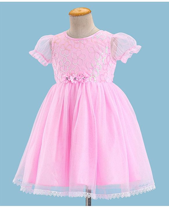 Babyhug Puffed Sleeves Sequinned & Corsage Detailing Party Frock - Pink
