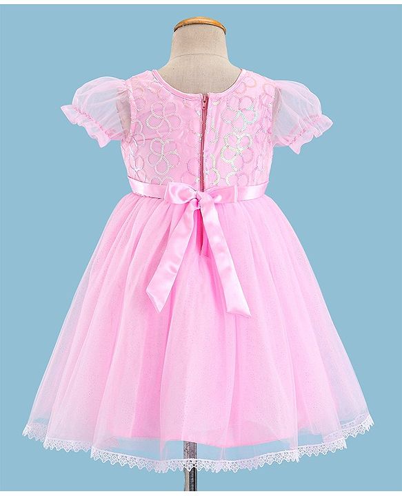 Babyhug Puffed Sleeves Sequinned & Corsage Detailing Party Frock - Pink