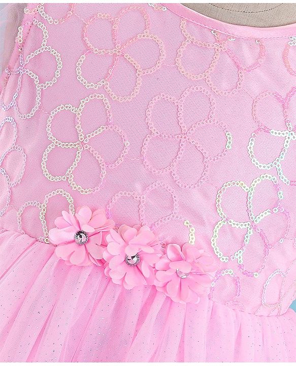 Babyhug Puffed Sleeves Sequinned & Corsage Detailing Party Frock - Pink
