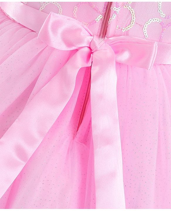 Babyhug Puffed Sleeves Sequinned & Corsage Detailing Party Frock - Pink