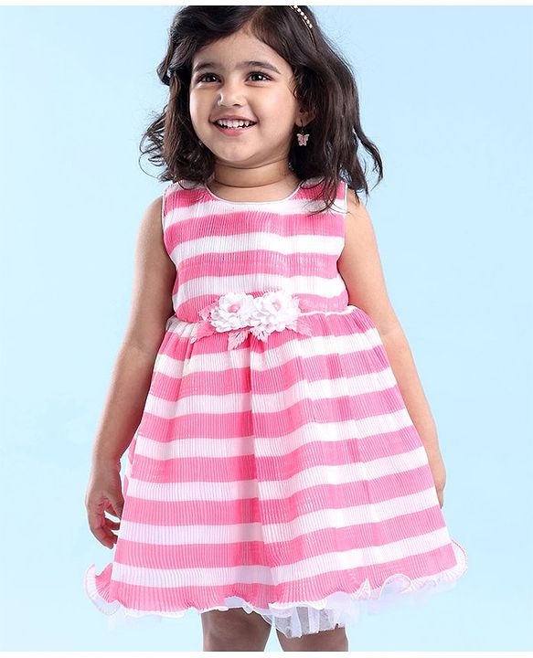 Babyhug Woven Sleeveless Pleated Satin Party Frock with Floral Applique - White Pink