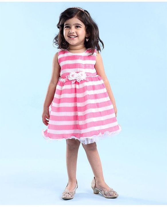 Babyhug Woven Sleeveless Pleated Satin Party Frock with Floral Applique - White Pink