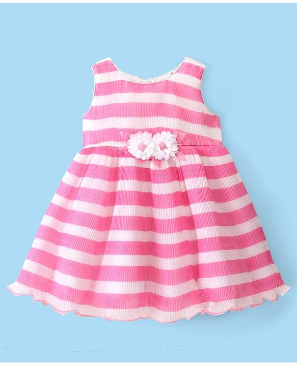 Babyhug Woven Sleeveless Pleated Satin Party Frock with Floral Applique - White Pink