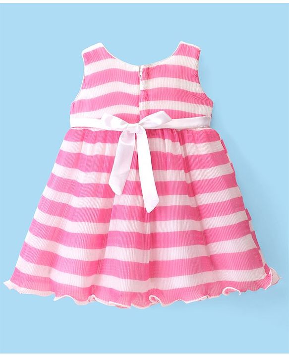 Babyhug Woven Sleeveless Pleated Satin Party Frock with Floral Applique - White Pink