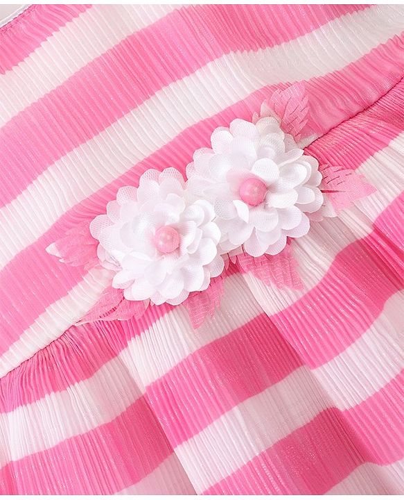 Babyhug Woven Sleeveless Pleated Satin Party Frock with Floral Applique - White Pink
