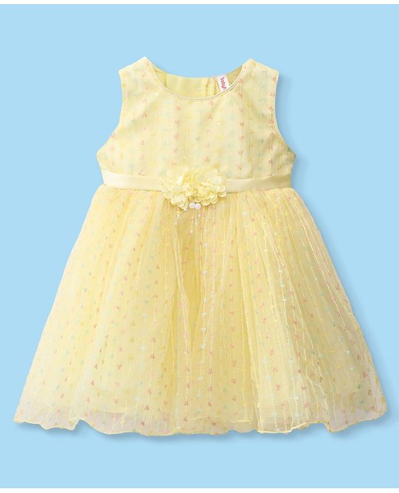 Babyhug Sleeveless Sequin Embroidered Party Frock with Floral Applique - Yellow
