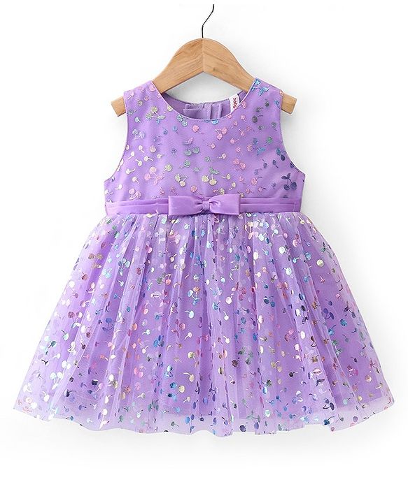 Babyhug Sleeveless All Over Foil Printed Party Frock with Bow - Lavender