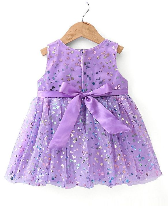 Babyhug Sleeveless All Over Foil Printed Party Frock with Bow - Lavender