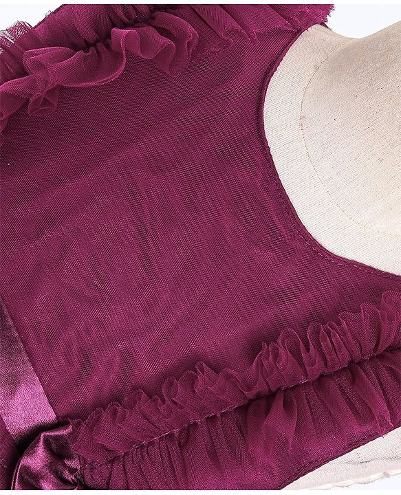 Babyhug Sleeveless Mesh Party Frock with Frill Detailing & Bow Applique -  Aubergine