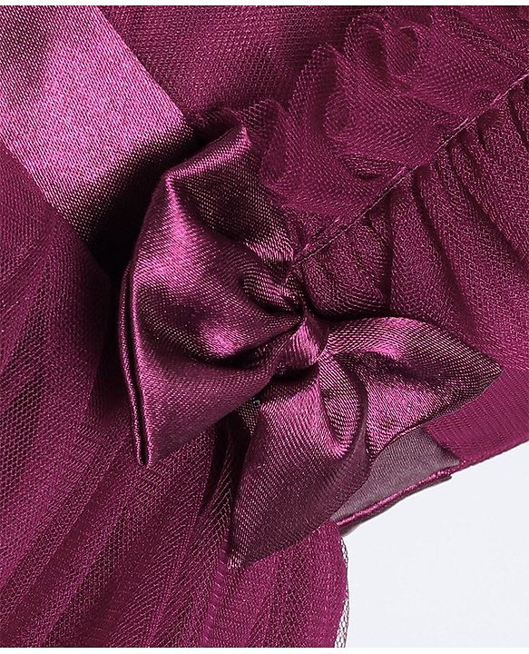 Babyhug Sleeveless Mesh Party Frock with Frill Detailing & Bow Applique -  Aubergine