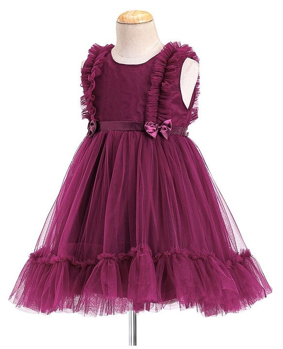 Babyhug Sleeveless Mesh Party Frock with Frill Detailing & Bow Applique -  Aubergine
