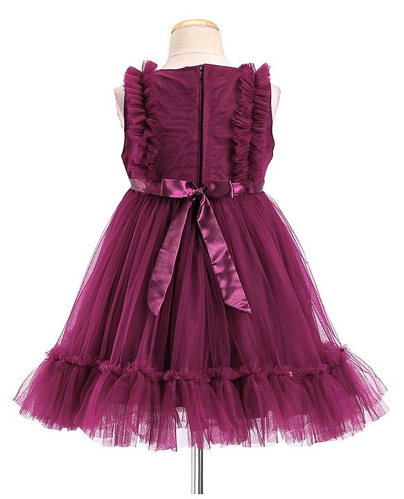 Babyhug Sleeveless Mesh Party Frock with Frill Detailing & Bow Applique -  Aubergine