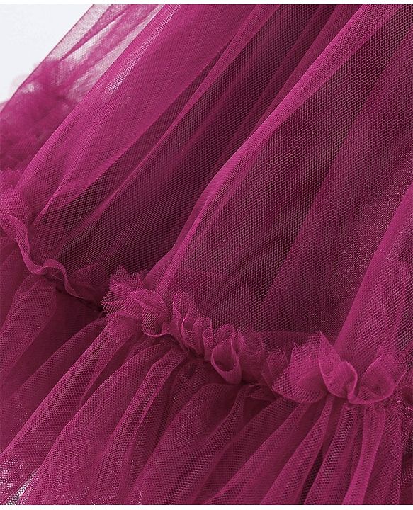 Babyhug Sleeveless Mesh Party Frock with Frill Detailing & Bow Applique -  Aubergine