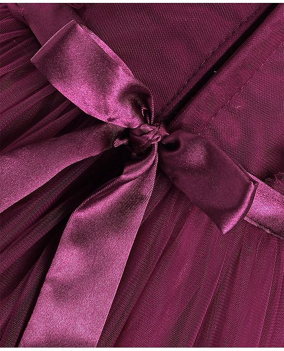 Babyhug Sleeveless Mesh Party Frock with Frill Detailing & Bow Applique -  Aubergine