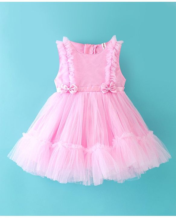 Babyhug Sleeveless Mesh Party Frock with Bow Applique - Pink