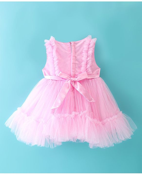 Babyhug Sleeveless Mesh Party Frock with Bow Applique - Pink