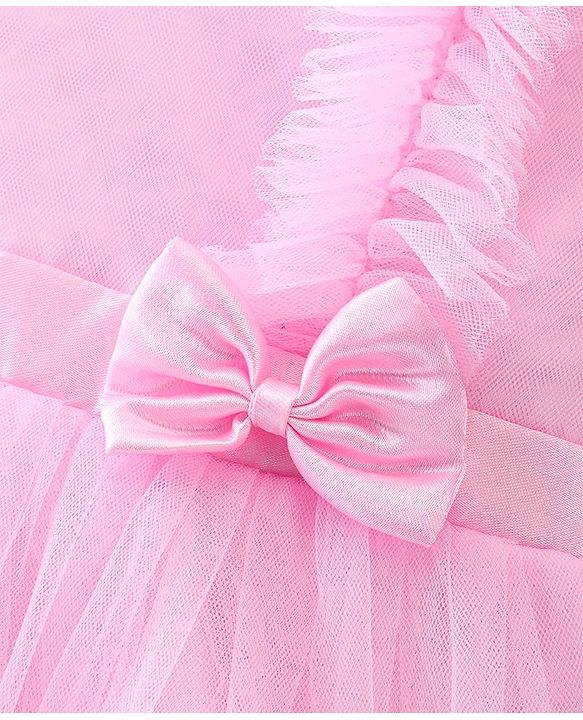 Babyhug Sleeveless Mesh Party Frock with Bow Applique - Pink