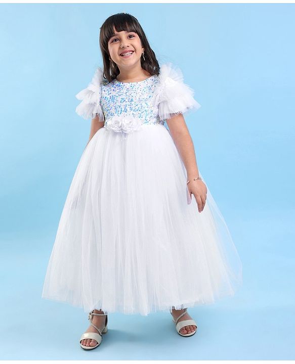 Babyhug Sleeveless  Glitter Printed Party Gown with Floral Applique - White