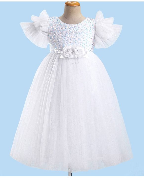 Babyhug Sleeveless  Glitter Printed Party Gown with Floral Applique - White