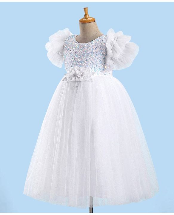 Babyhug Sleeveless  Glitter Printed Party Gown with Floral Applique - White